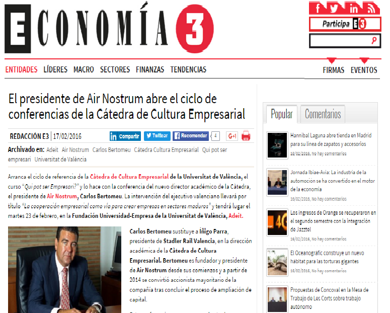 REVISTA DE PRENSA: la conferencia de Carlos Bertomeu en la inauguracion de 'Qui pot ser empresari?', en Economía 3